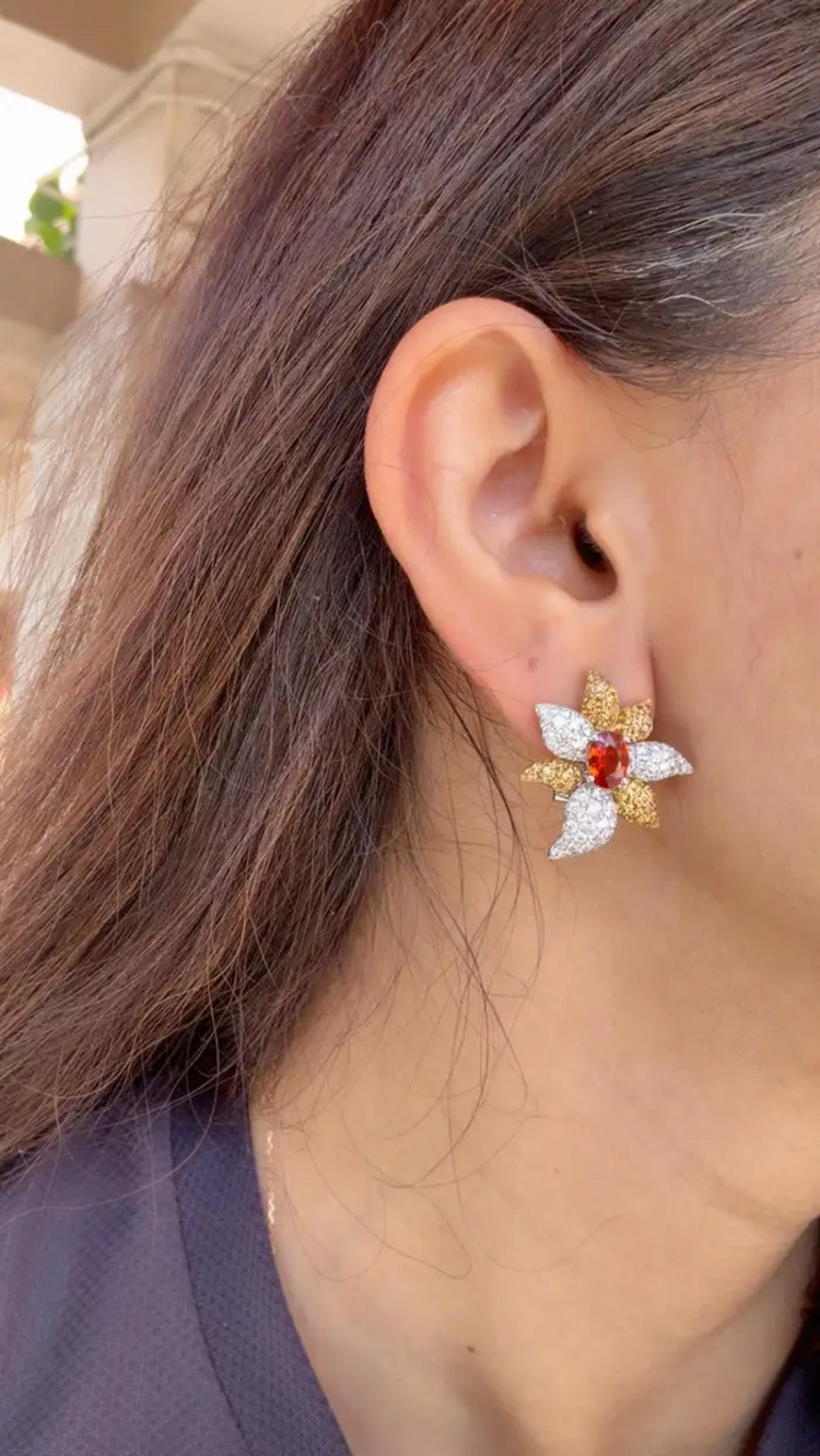 Orange & Yellow Sapphire Gemstone Stud Earrings - 18k White Gold Diamond Floral Stud Earrings