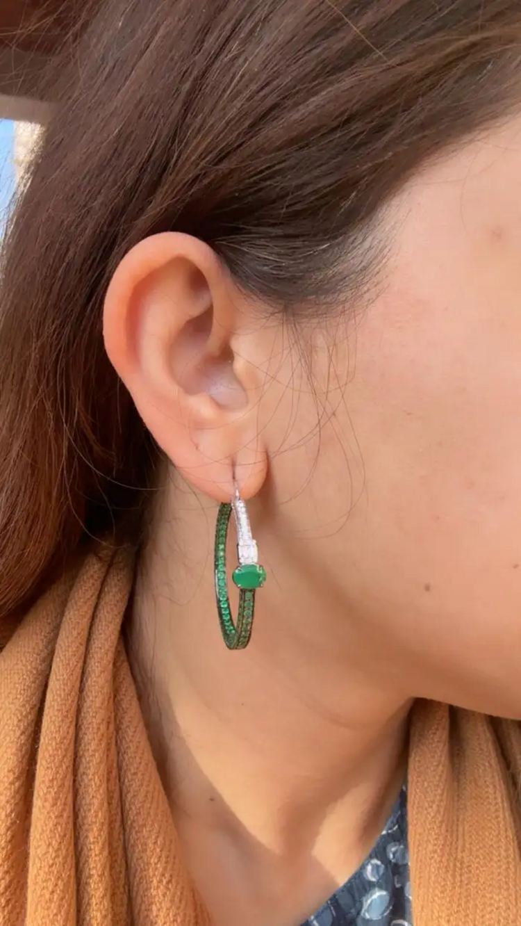 18k White Gold Diamond Hoop Earrings - Natural Zambian Emerald Earrings