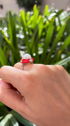 Natural Ethiopian Opal & Red Enamel Ring - 18k White Gold Diamond Cocktail Ring
