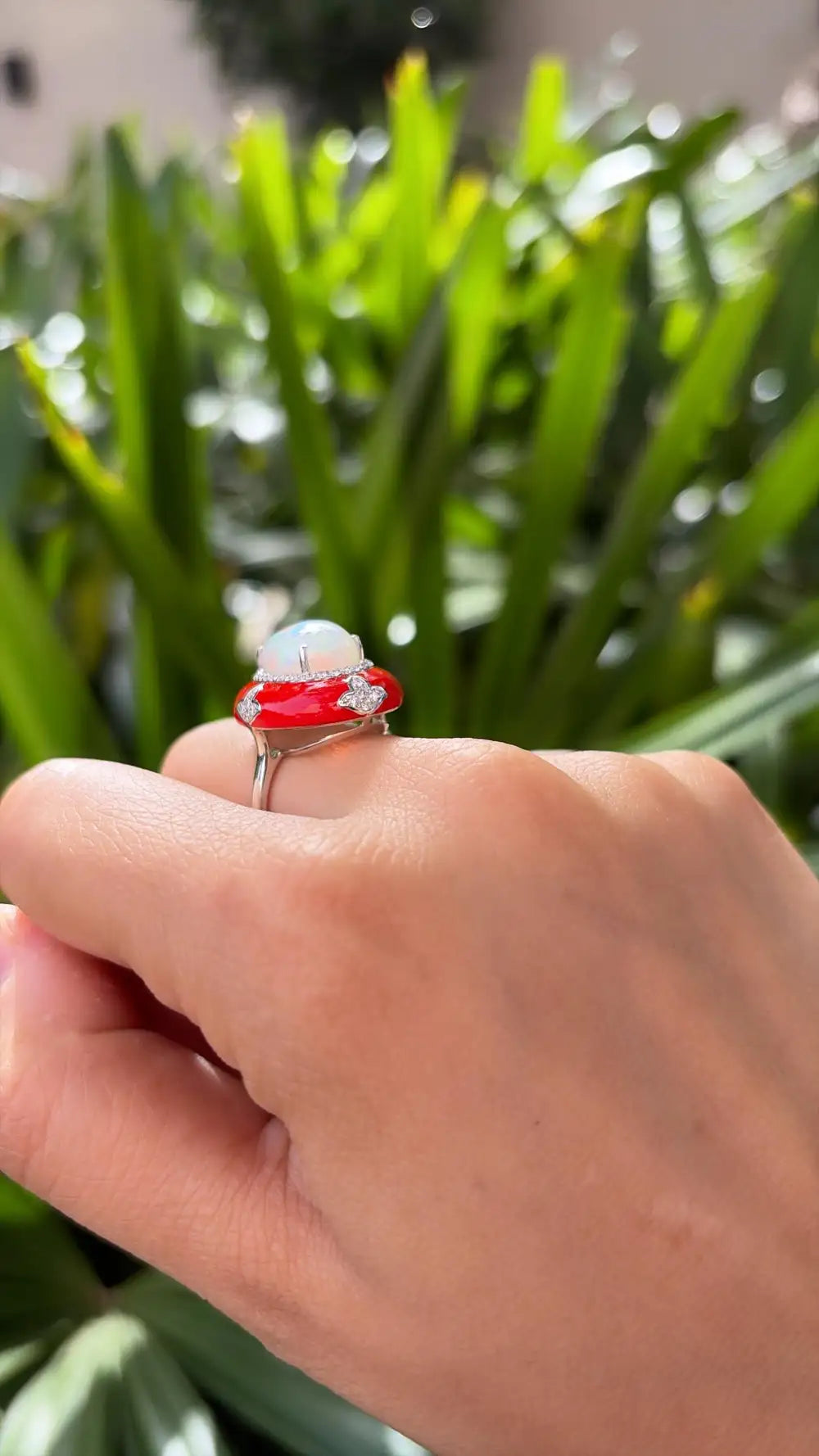 Natural Ethiopian Opal & Red Enamel Ring - 18k White Gold Diamond Cocktail Ring