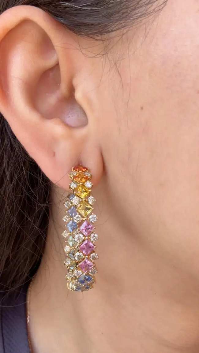 Natural Multi Sapphire & Diamond Hoop Earrings - 18k Yellow Gold Hoop Earrings Main Image