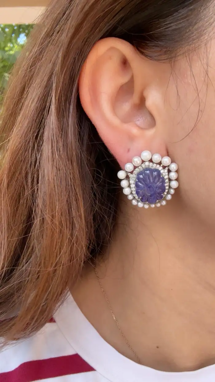 18k White Gold Diamond Stud Earrings - Hand Carved Tanzanite & Fresh Water Pearl Earrings