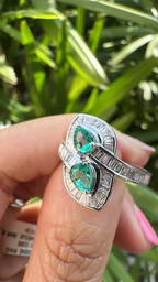 18k White Gold Tapered Baguette Diamonds Engagement Ring - Natural Pear Shape Zambian Emerald Wedding Ring