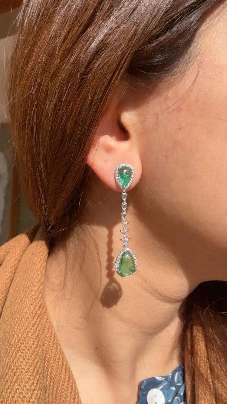 Natural Zambian Emerald & Rose Cut Diamond Dangle Earrings - 18k White Gold Handmade Drop Dangle Earrings