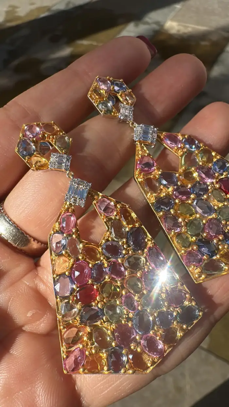 Natural Multi Sapphire & Diamond Dangle Earrings - 18k Matte Finish Earrings