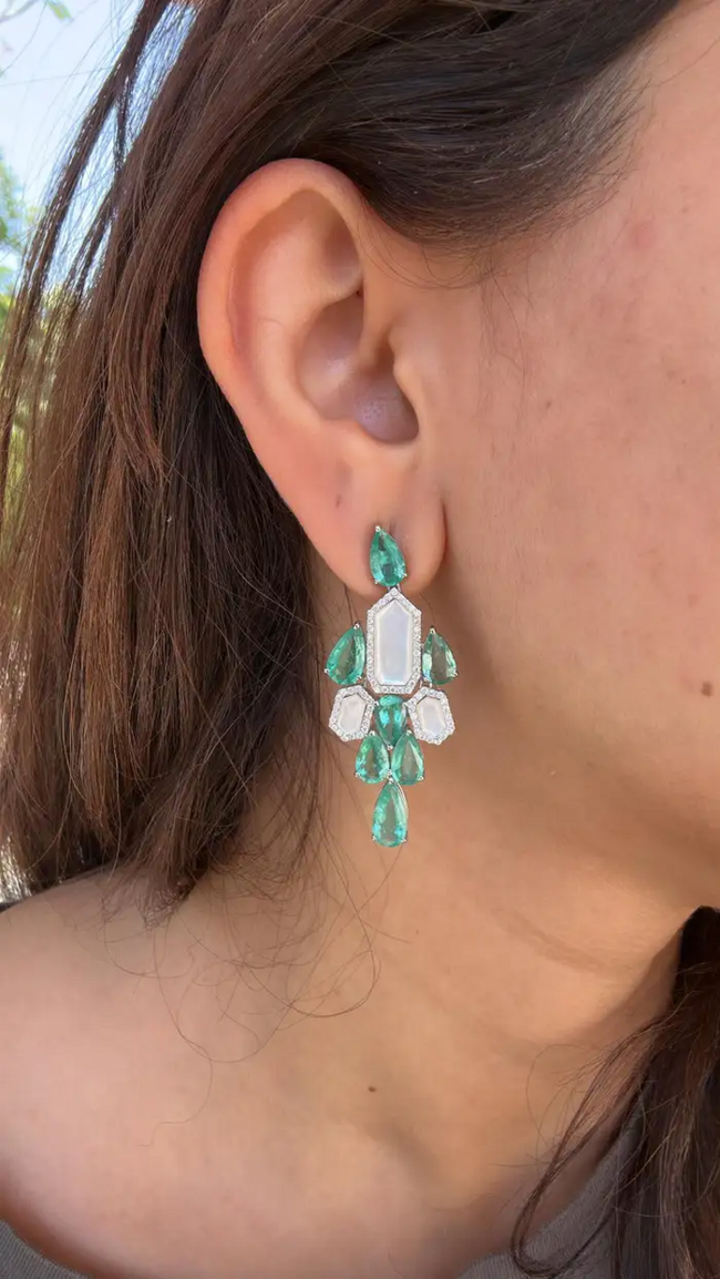 Natural Colombian Emerald & Pearl Chandelier Earrings - 18k White Gold Diamond Dangle Earrings Main Image