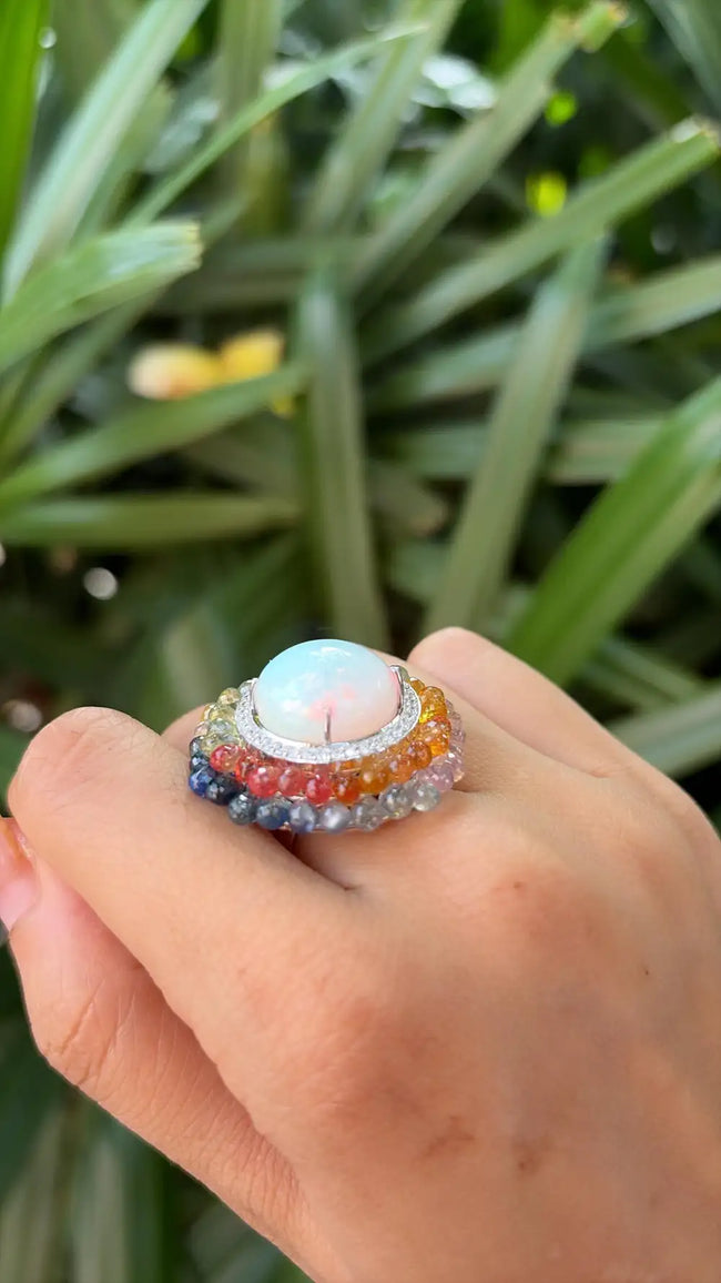 Ethiopian Opal & Multi Sapphire Briolettes Cocktail Ring - 18k White Gold Diamond Handmade Ring Main Image