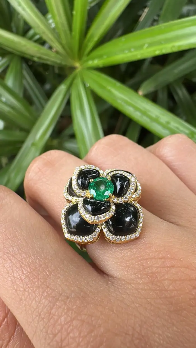 18k Yellow Gold Diamond Cocktail Ring - Natural Zambian Emerald Floral Ring Main Image