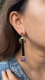Natural Amethyst , Tourmaline & Black Onyx Dangle Earrings - 18k Yellow Gold Diamond Earrings