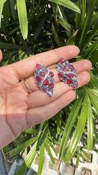 Natural Blue Sapphire & Diamond Earrings - 18k White Gold Carved Ruby Women Earrings