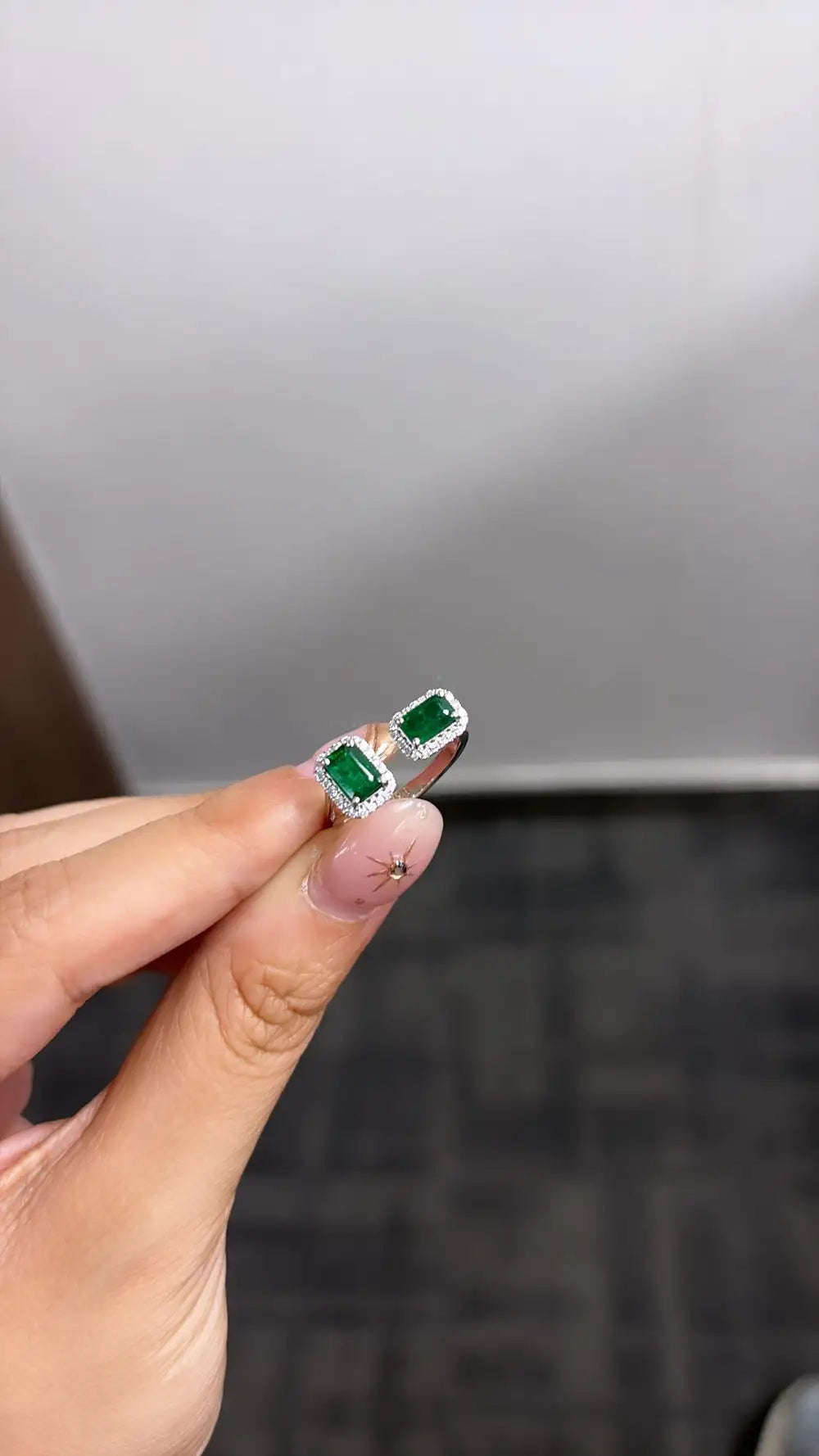 Natural Zambian Emerald Cuff Ring - 18k White Gold Diamond Minimalist Ring