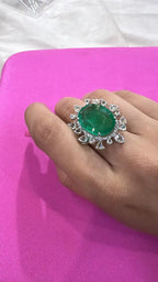 18k White Gold Rose Cut Diamond Ring - Natural Emerald Statement Ring