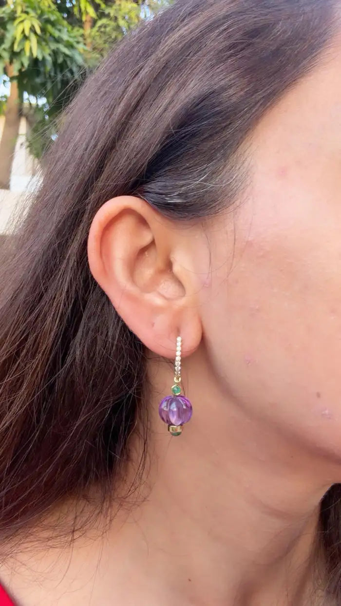Natural Amethyst & Emerald Dangle Earrings - 18k Yellow Gold Diamond Earrings