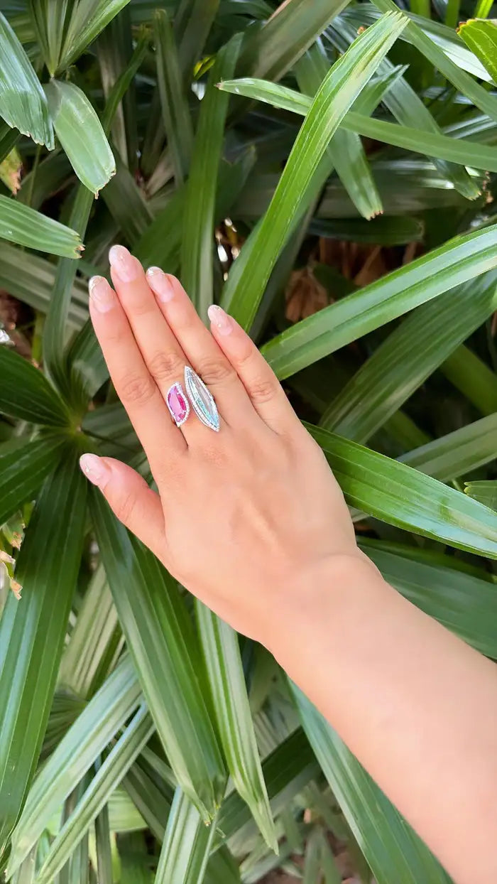 Natural Aquamarine & Mozambique Ruby Ring - 18k White Gold Diamond Ring