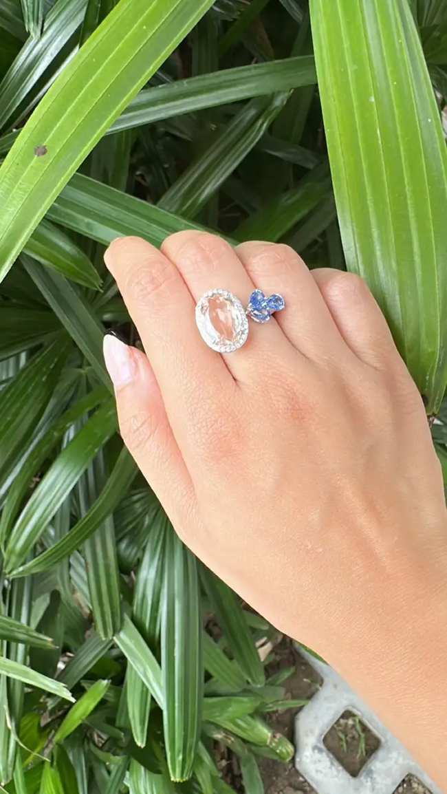 Natural Morganite, Blue Sapphire & Diamond Cocktail Ring - 18k White Gold Diamond Ring Main Image