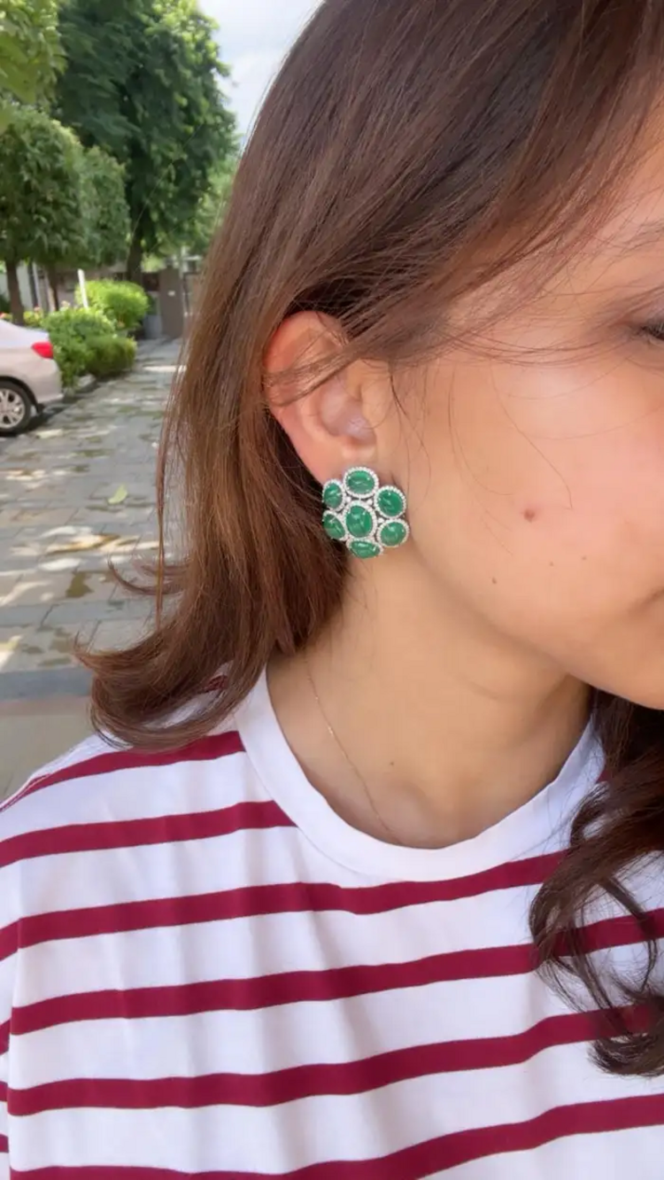 18k White Gold Diamond Stud Earrings - Natural Zambian Emerald Cabochons Earrings
