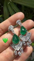 18k White Gold Handmade Dangle Earrings - Natural Zambian Emerald & Diamond Women Earrings