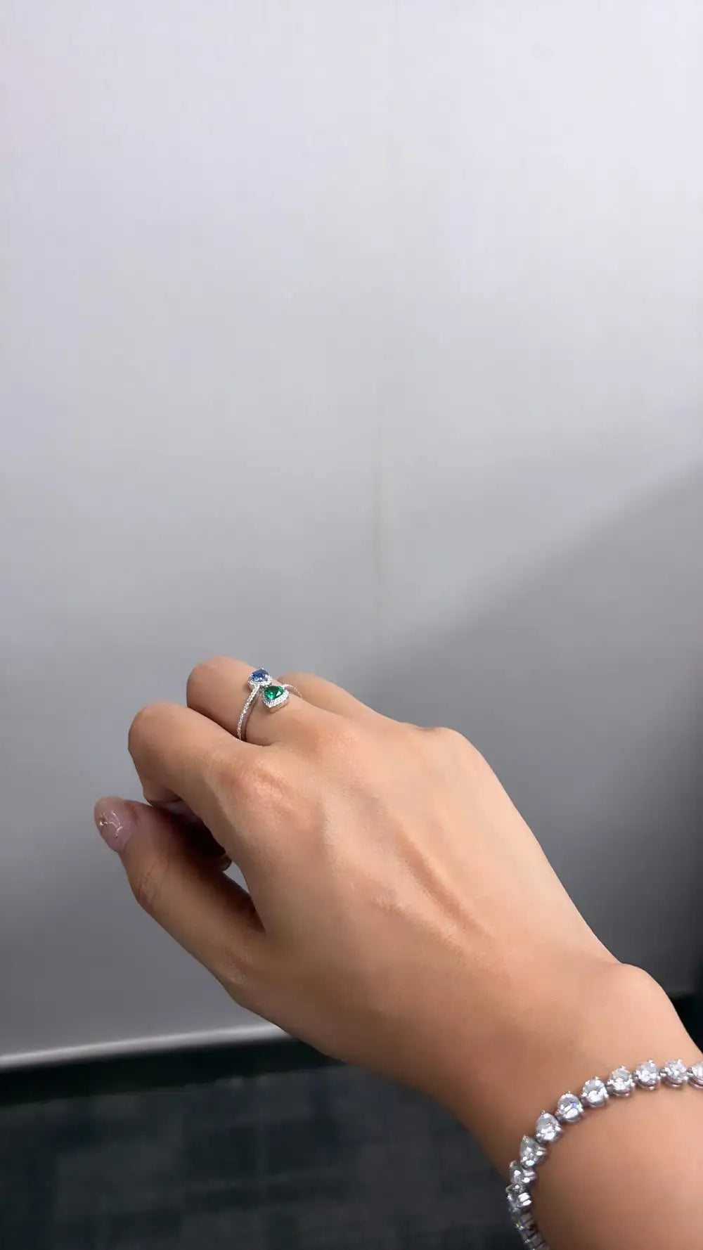 Natural Emerald & Blue Sapphire Ring - 18k White Gold Diamond Ring