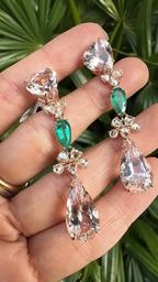 18k Rose Gold Rose Cut Diamond Dangle Earrings - Natural Zambian Emerald & Morganite Earrings