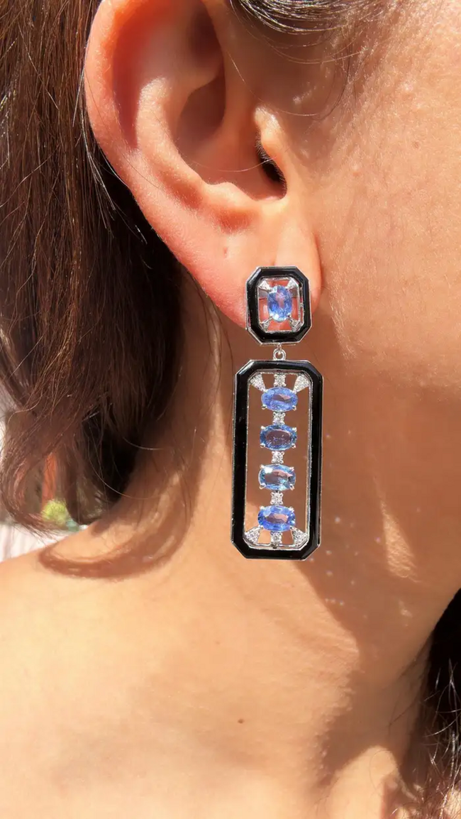 5.59 Ct. Oval Cut Ceylon Blue Sapphire 18k White Gold Earrings - Natural Diamond & Black Onyx Dangle Earrings Main Image