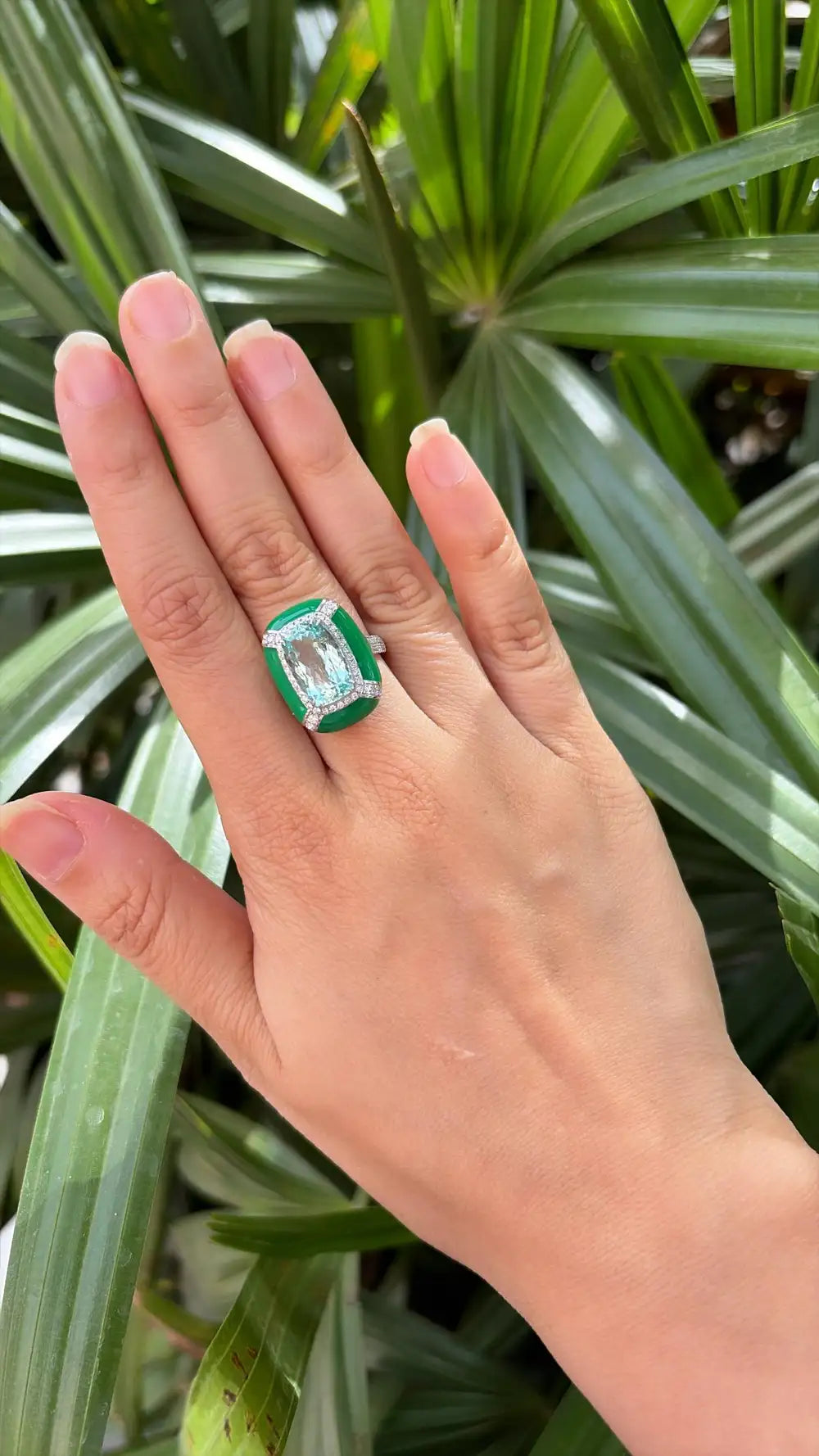 Natural Aquamarine & Green Enamel Cocktail Ring - 18k White Gold Diamond Handmade Ring