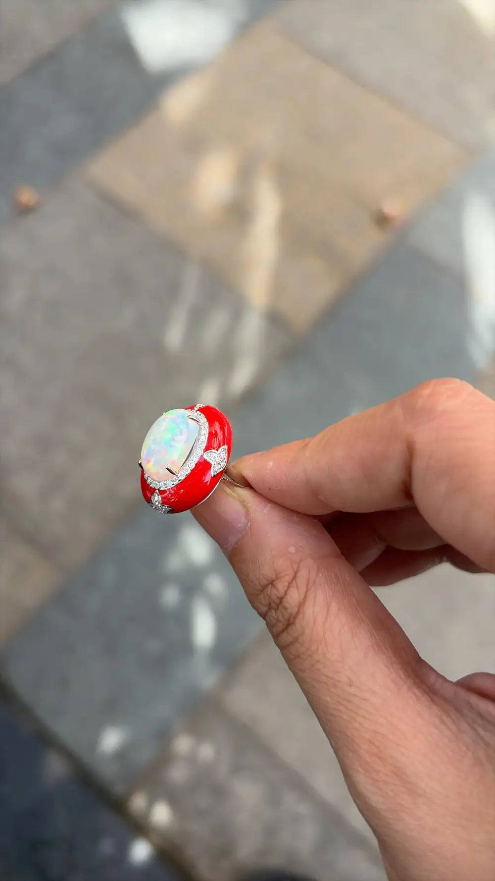 Natural Ethiopian Opal & Red Enamel Ring - 18k White Gold Diamond Cocktail Ring