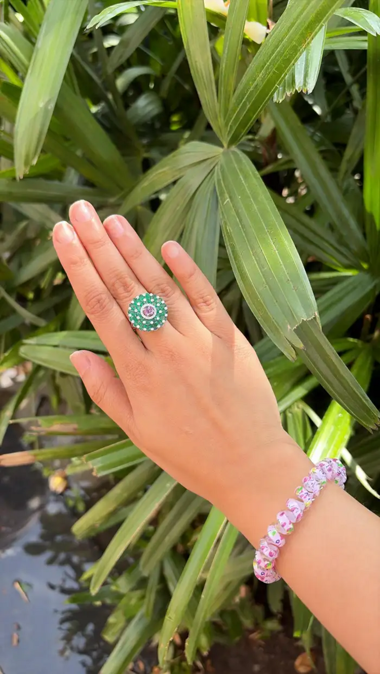 Pink Sapphire & Zambian Emerald Cocktail Ring - 18k White Gold Diamond Ring