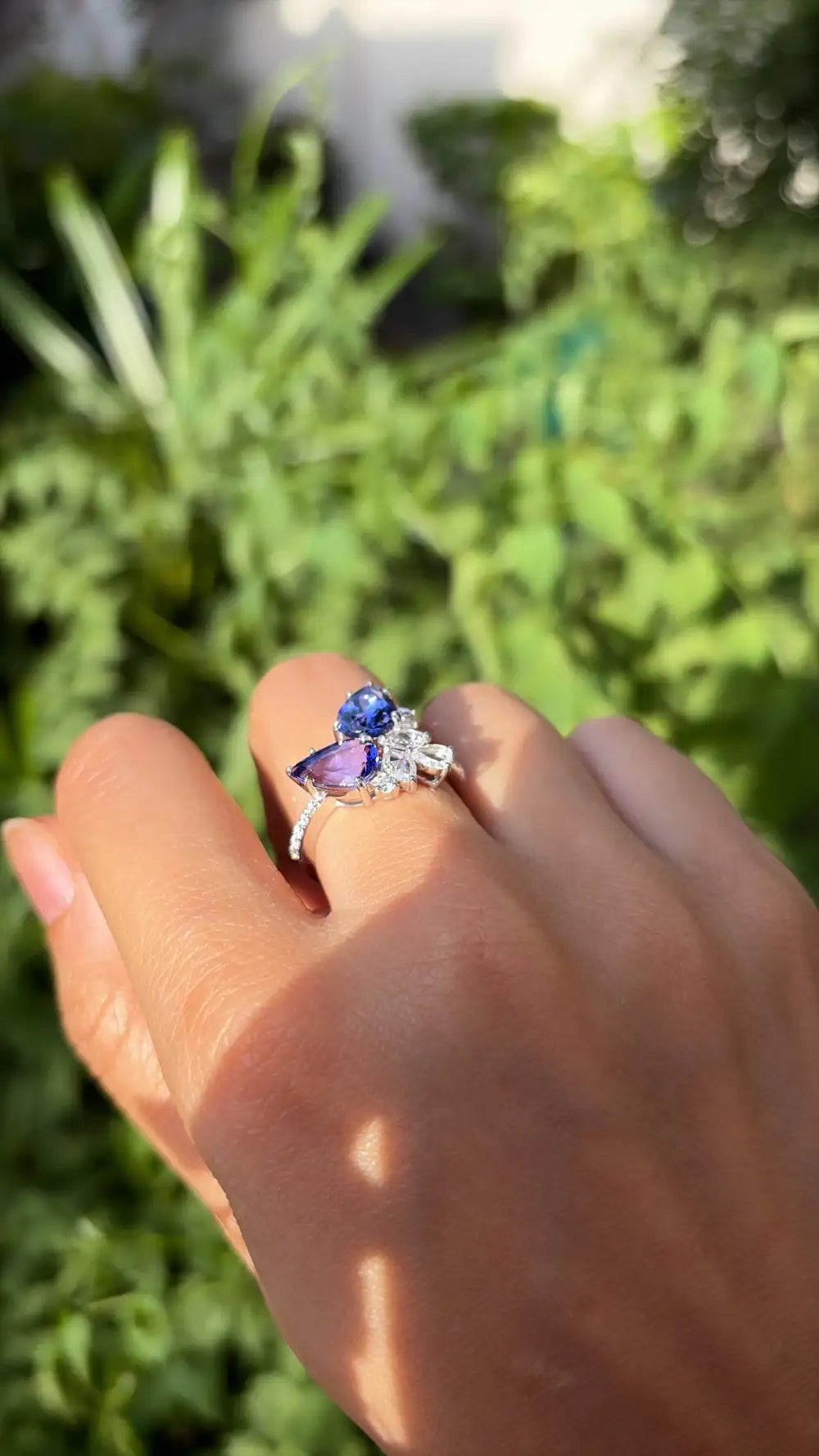 Natural Tanzanite & Rose Cut Diamond Wedding Ring - 18k White Gold Diamond Ring