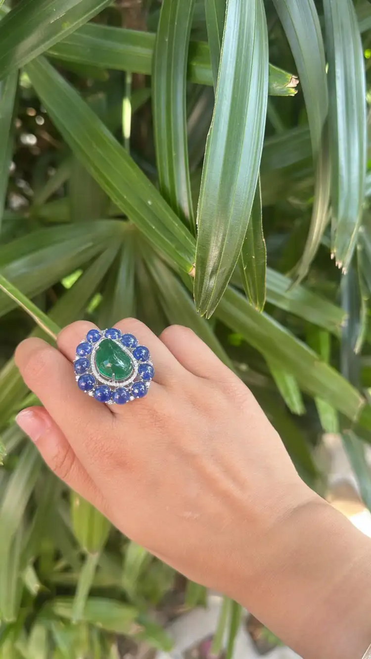 Natural Zambian Emerald & Blue Sapphire Cocktail Ring - 18k White Gold Diamond Ring