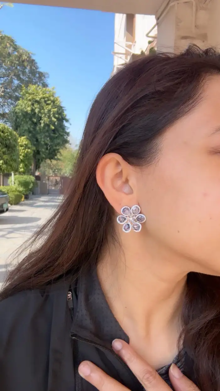 18k White Gold Floral Stud Earrings - Natural Blue Sapphire & Rose Cut Diamond Earrings
