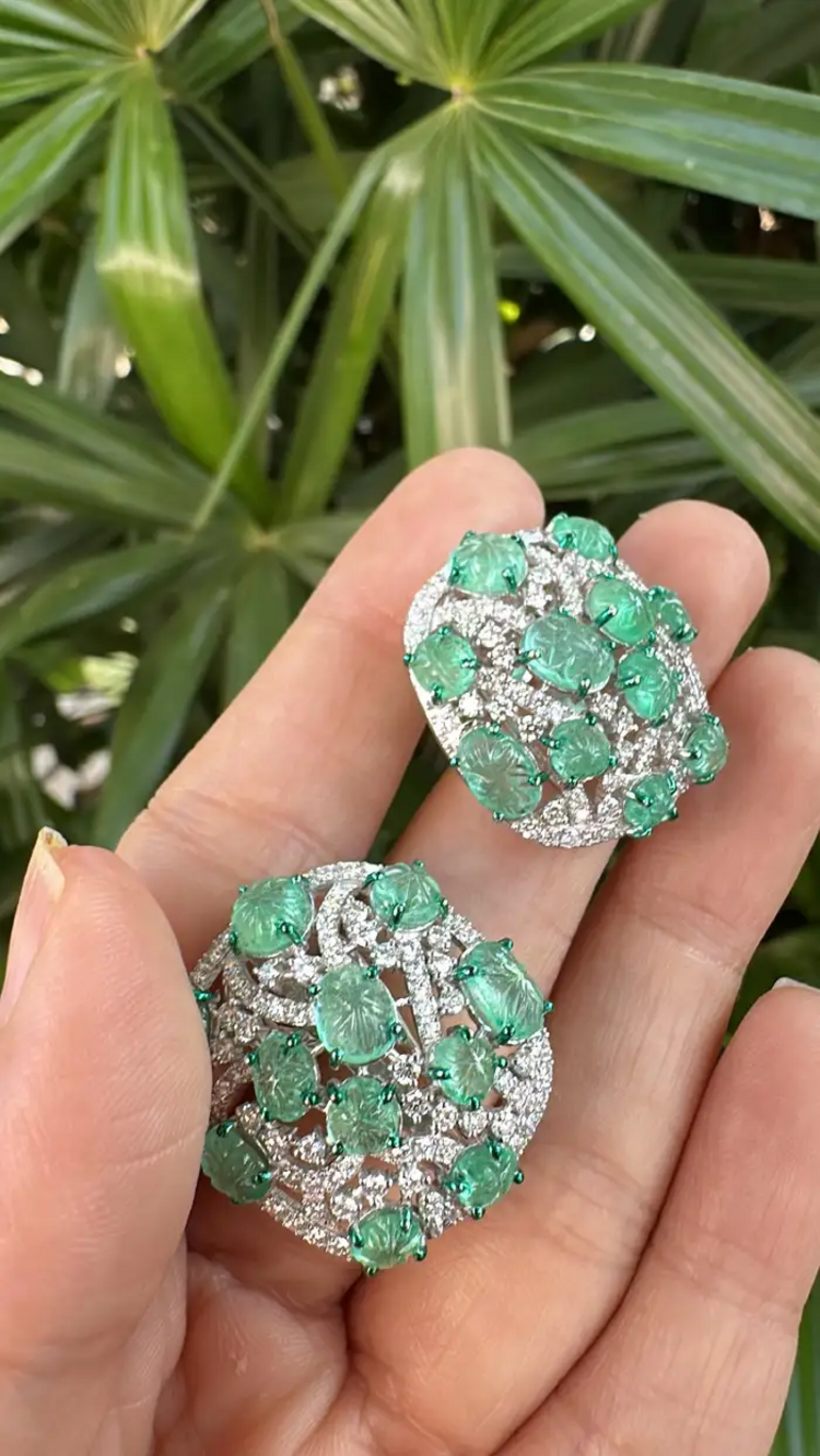 18k White Gold Diamond Stud Earrings - Natural Colombian Emerald Stud Earrings