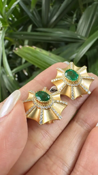 18k Yellow Matte Gold Stud Earrings - Natural Zambian Emerald & Diamond Earrings