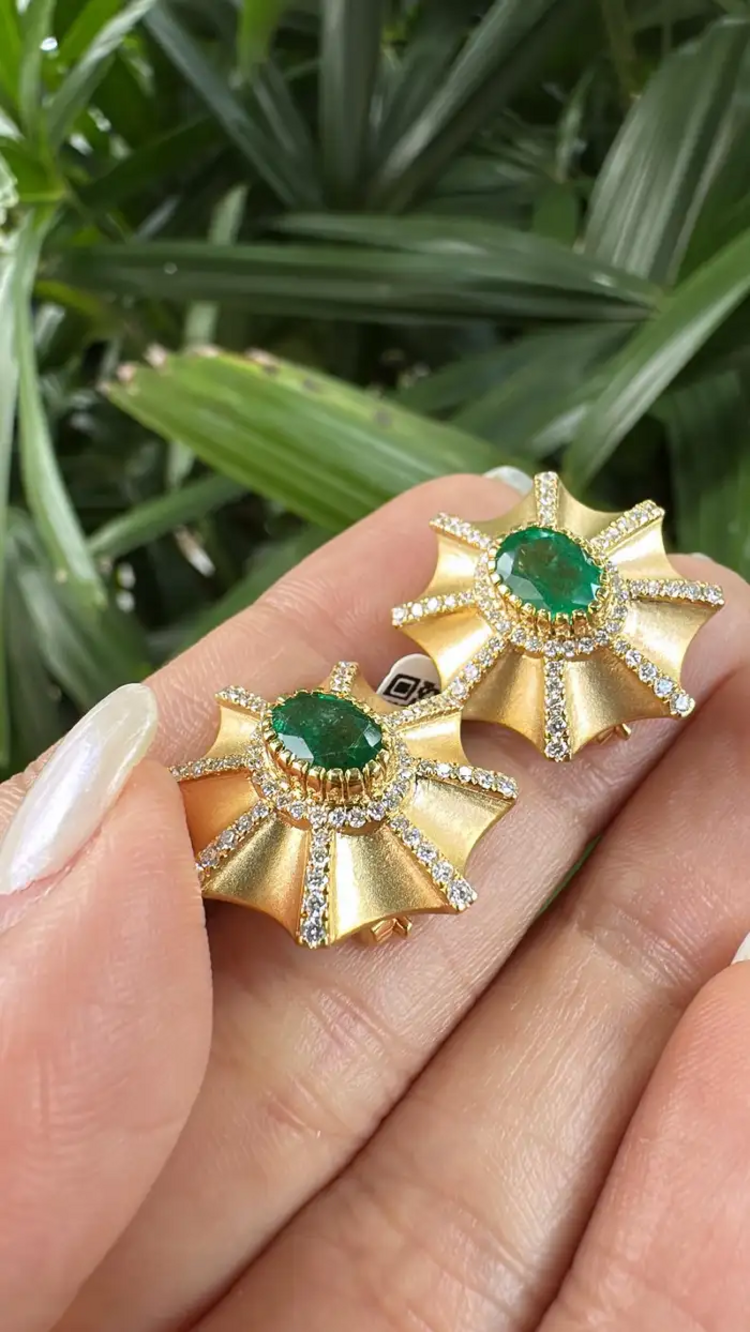 18k Yellow Matte Gold Stud Earrings - Natural Zambian Emerald & Diamond Earrings