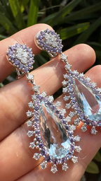 Natural Aquamarine & Purple Sapphire Dangle Earrings - 18K White Gold Diamond Drop Dangle Earrings