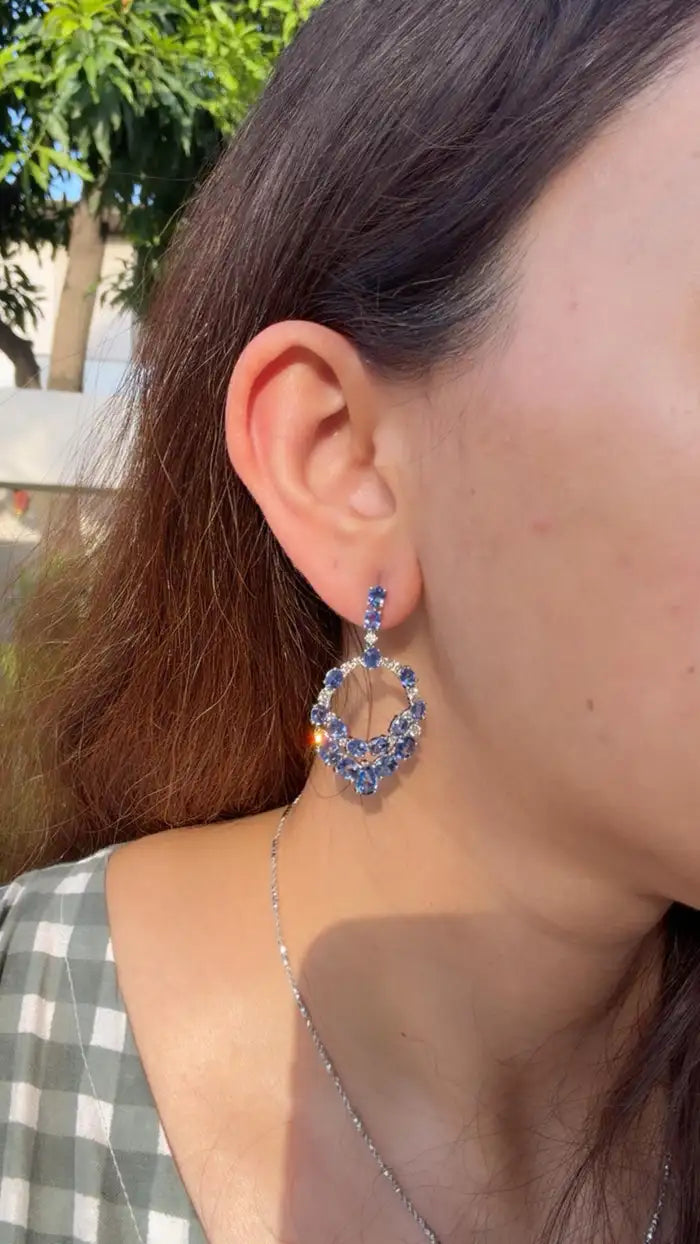 18k White Gold Diamond Handmade Earrings - Natural Blue Sapphire Dangle Earrings
