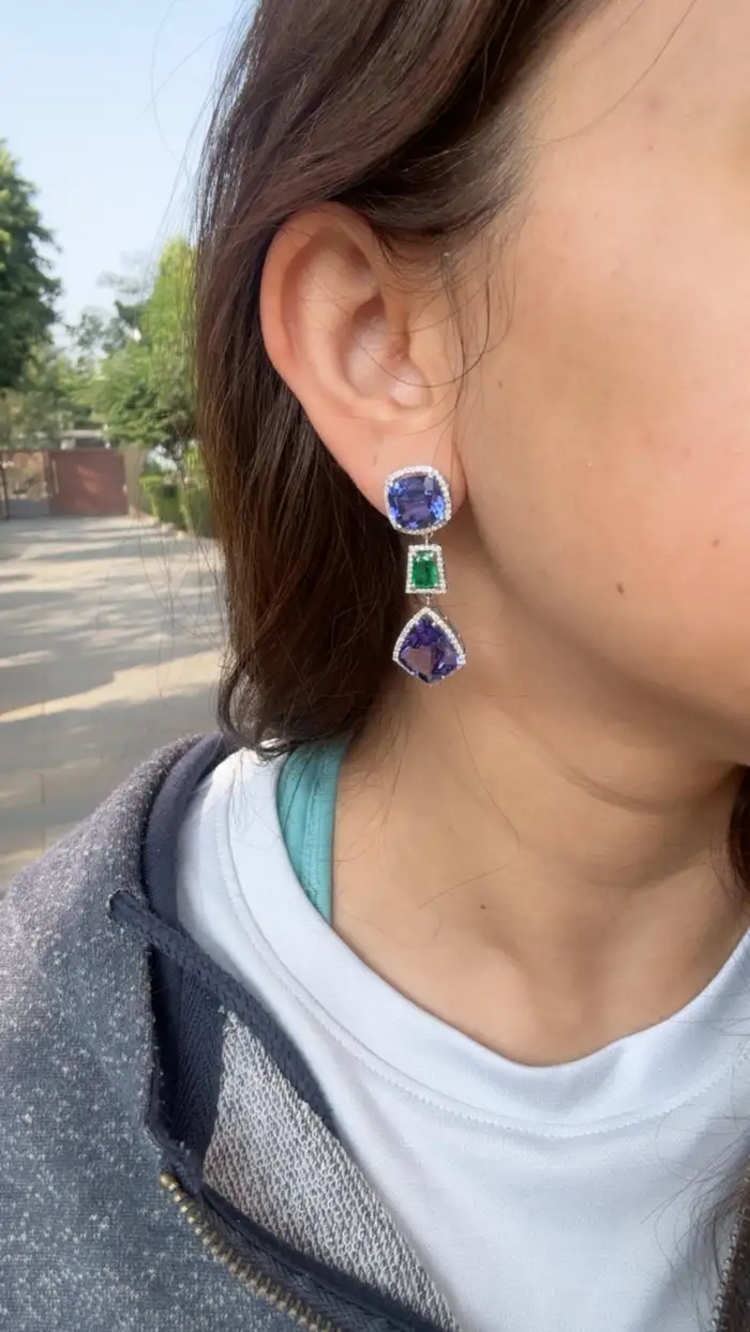 Natural Zambian Emerald & Tanzanite Dangle Earrings - 18k White Gold Diamond Earrings