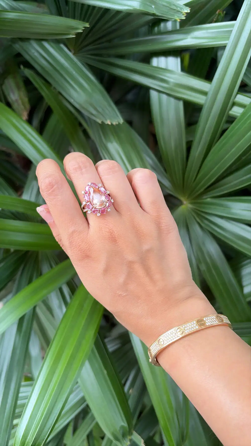 Natural Morganite & Pink Sapphire Cocktail Ring - 18k Rose Gold Diamond Ring