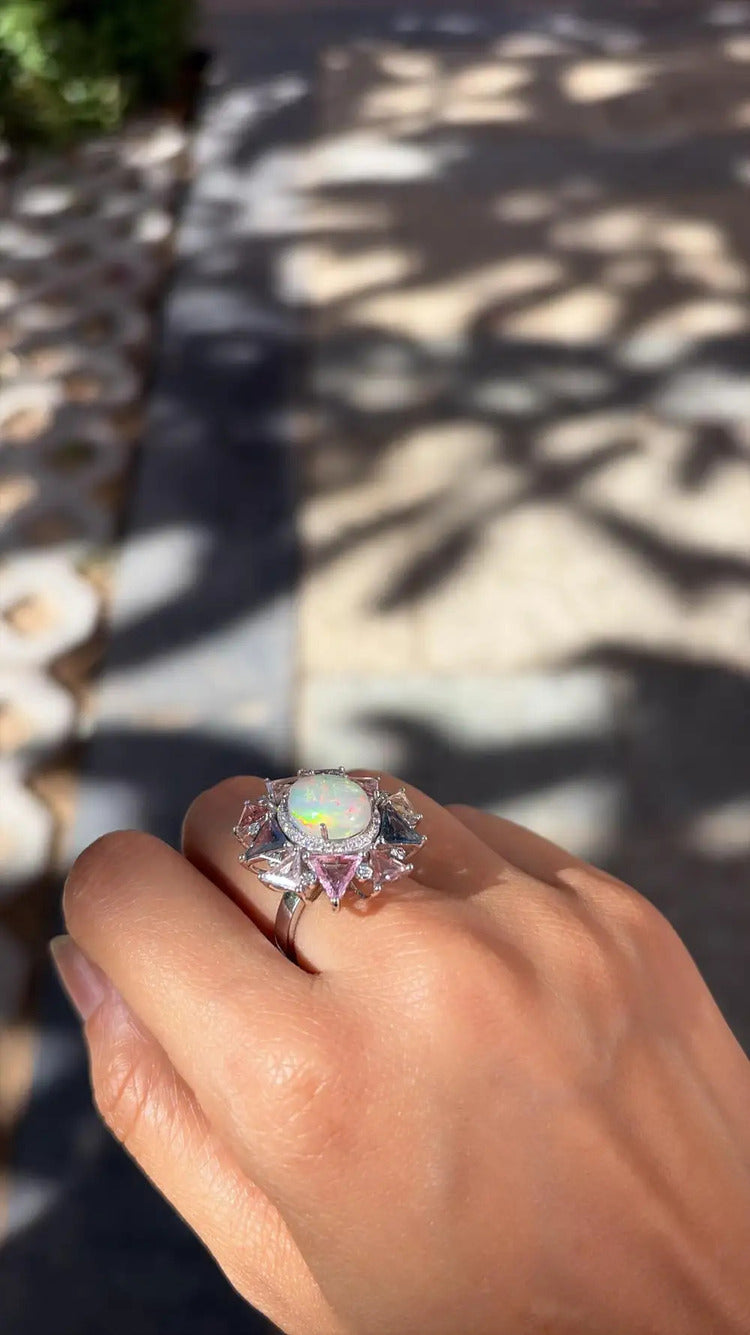 18k White Gold Diamond Cocktail Ring - Natural Ethiopian Opal & Multi Sapphire Ring