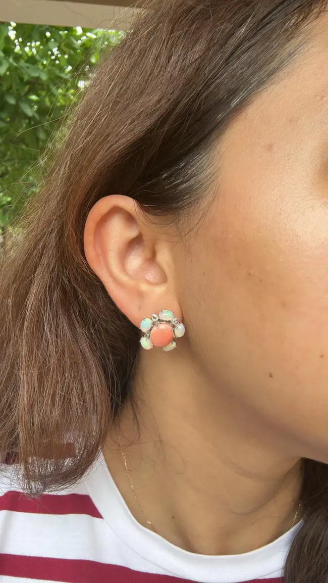 18k White Gold Rose Cut Diamond Stud Earrings - Natural Ethiopian Opal & Coral Earrings Main Image