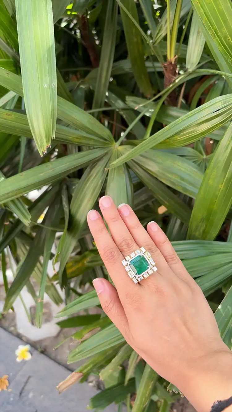 18k White Gold & Yellow Diamond Wedding Ring - Natural 13.56 Ct. Zambian Emerald Ring