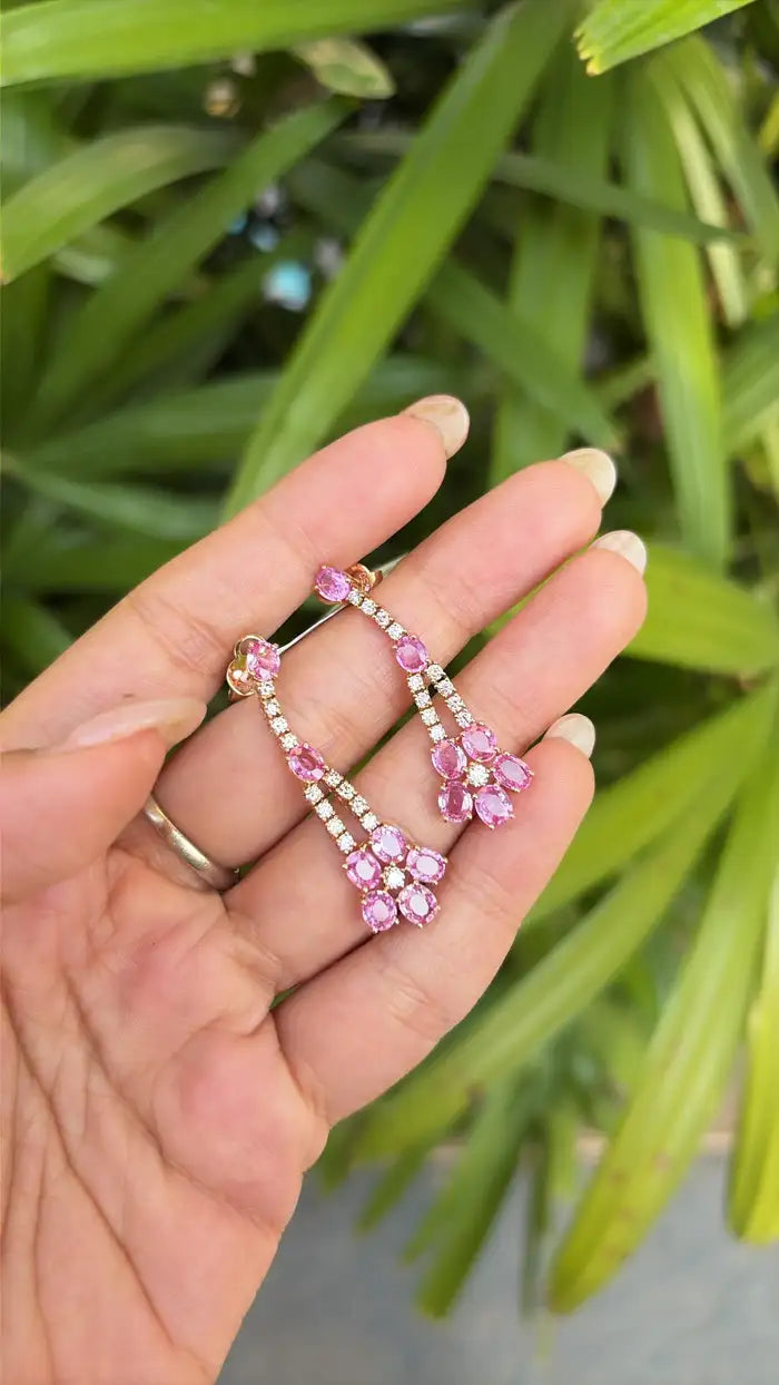 18k Rose Gold Diamond Handmade Earrings - Natural Pink Sapphire Dangle Earrings