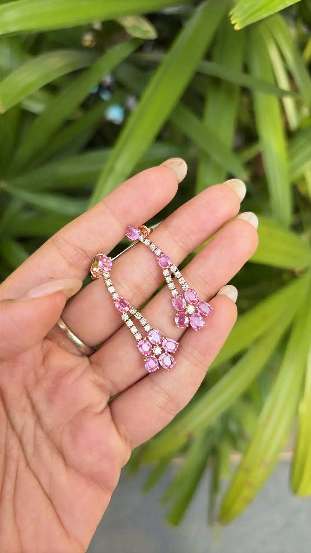 Natural Pink Sapphire Gemstone Dangle Earrings - 18k Rose Gold Diamond Earrings