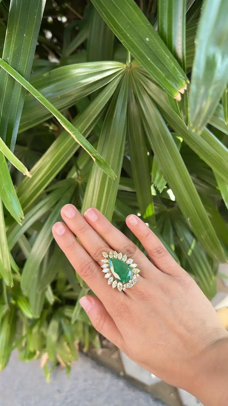 18k White Gold Diamond Handmade Ring - Natural Zambian Emerald Statement Ring