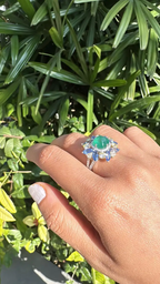 Natural Sugarloaf Zambian Emerald & Blue Sapphire Ring - 18k White Gold Handmade Diamond Ring