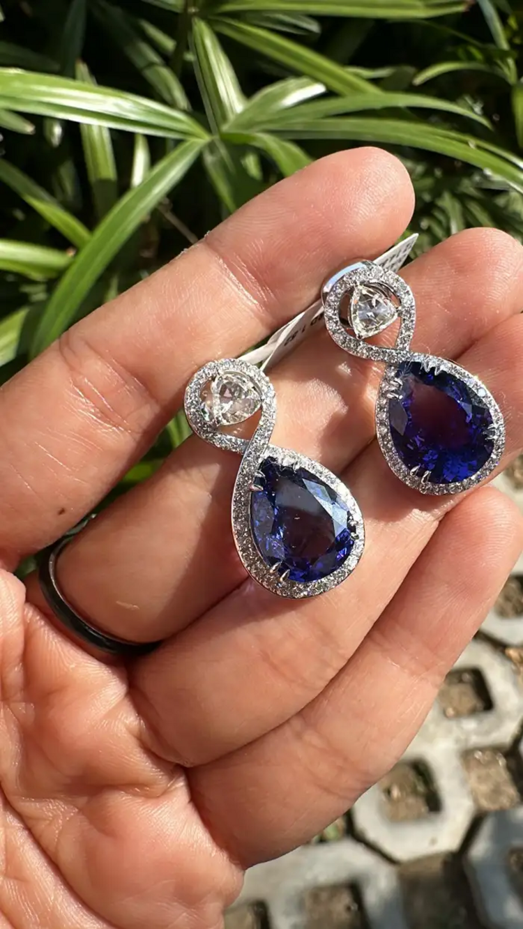 18k White Gold Handmade Rose Cut Diamond Earrings - Natural Tanzanite Gemstone Earrings - Best Anniversary Gift