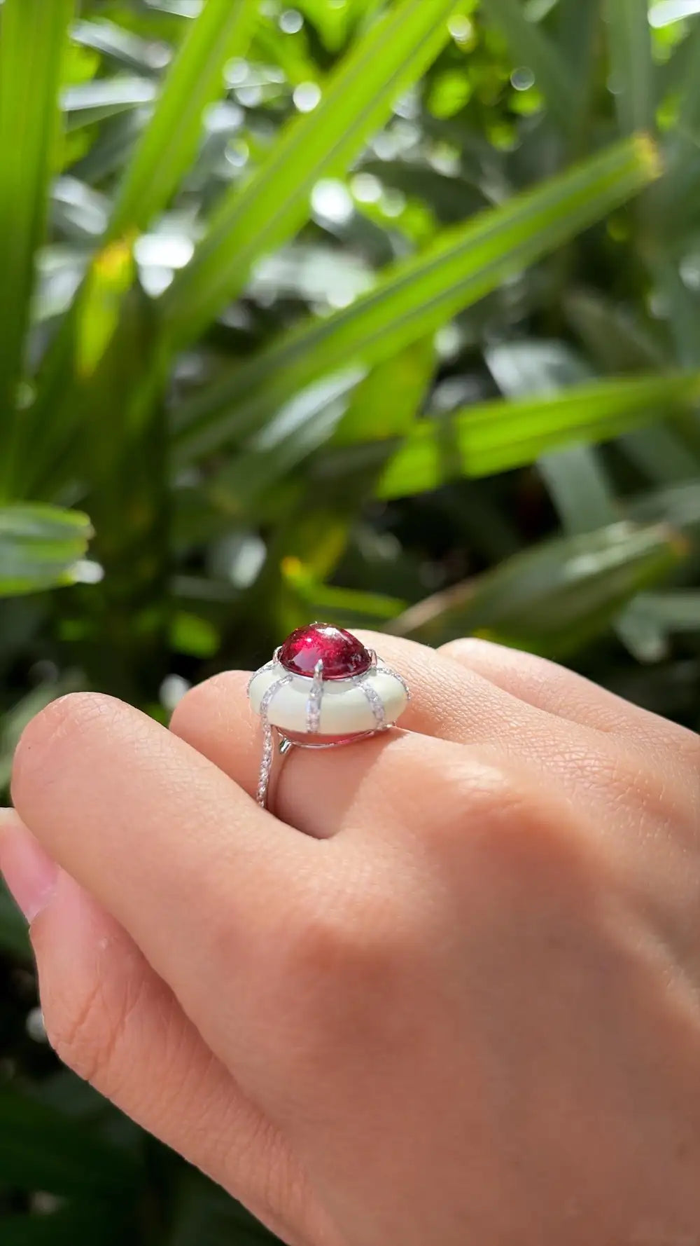 4.32 Ct. Rubellite & White Enamel Cocktail Dome Ring - 18k White Gold Diamond Ring