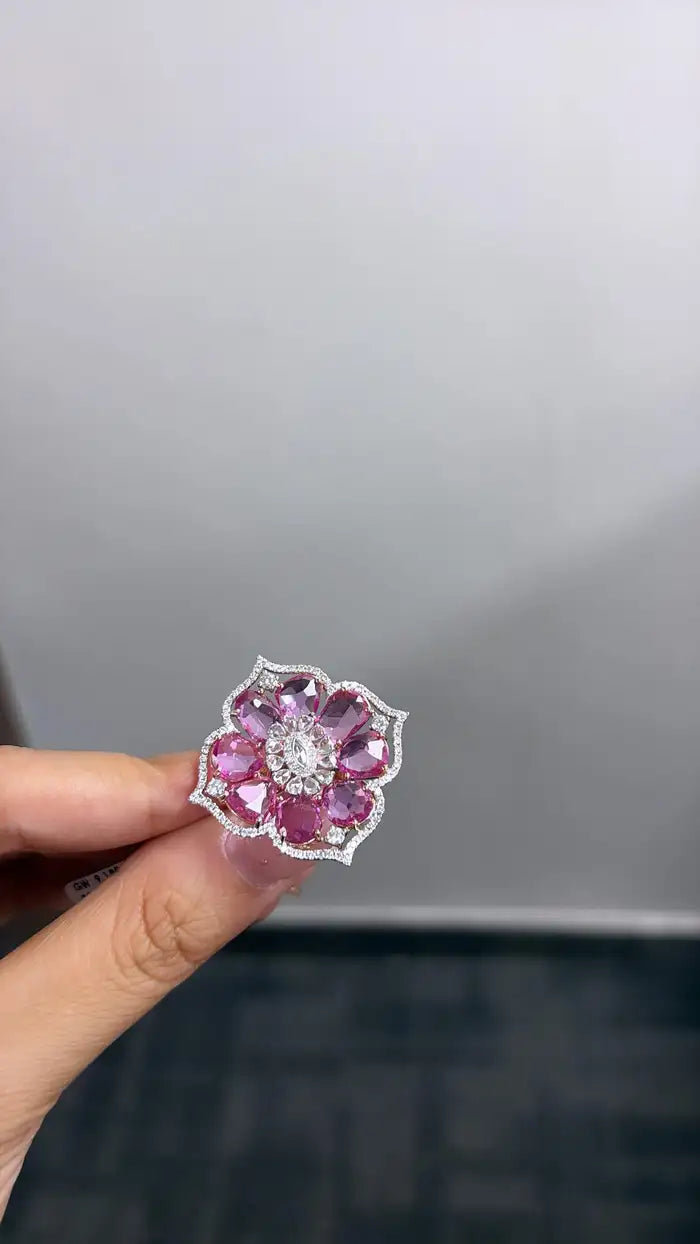 Natural Pink Sapphire Cocktail Ring - 18k Rose Gold Ring With Rose cut Diamonds