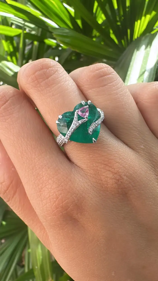 Heart Shape Zambian Emerald Gold Ring - 18k White Gold & Pink Sapphire Engagement Ring Main Image
