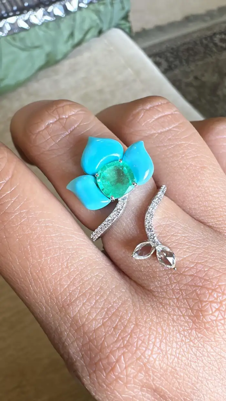 Natural Colombian Emerald & Turquoise Gemstone Floral Ring - 18k White Gold Rose Cut Diamond Women Ring