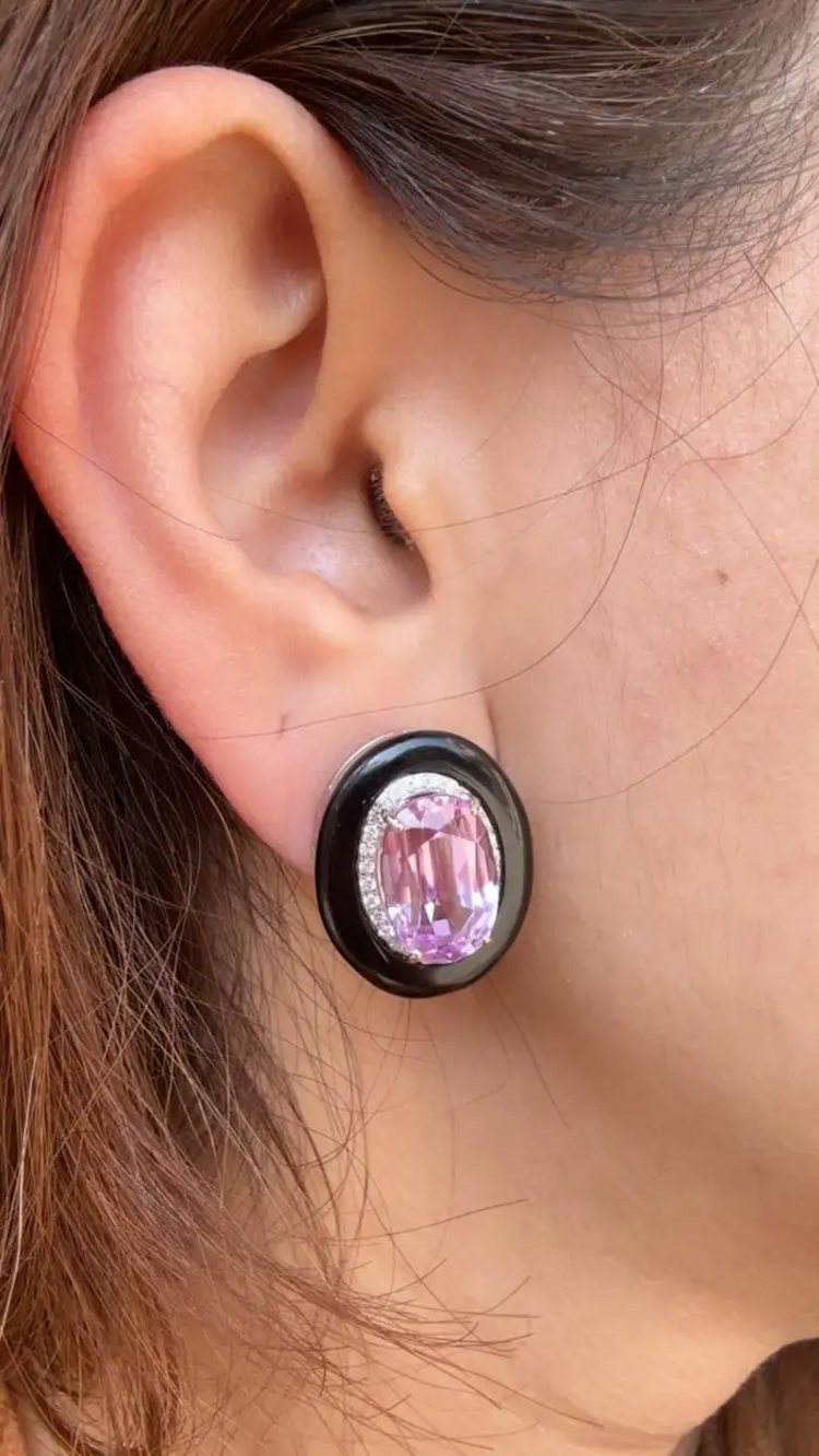 Natural Kunzite & Black Onyx Stud Earrings - 18k White Gold Diamond Handmade Earrings